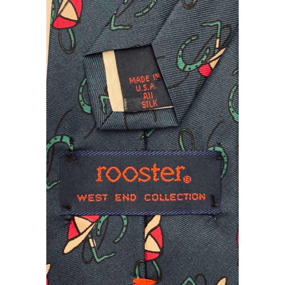 Vintage Rooster Silk Neck Tie Navy Blue Equestrian Horseshoe Derby West End USA